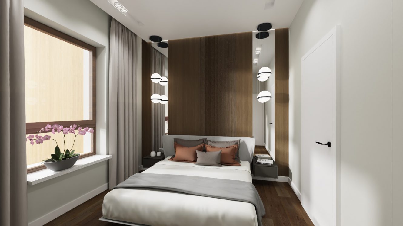 Projekt nowoczesnej i eleganckiej sypialni w mieszkaniu na warszawskich Bielanach