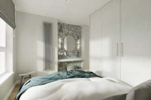 Projekt stylowej sypialni z toaletką w mieszkaniu w Warszawie