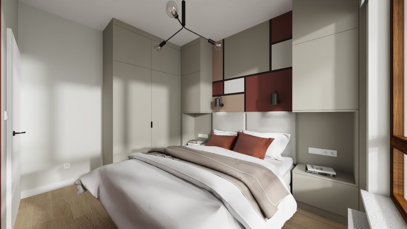 Projekt sypialni w kolorach ziemi w mieszkaniu w Warszawie Wilanów